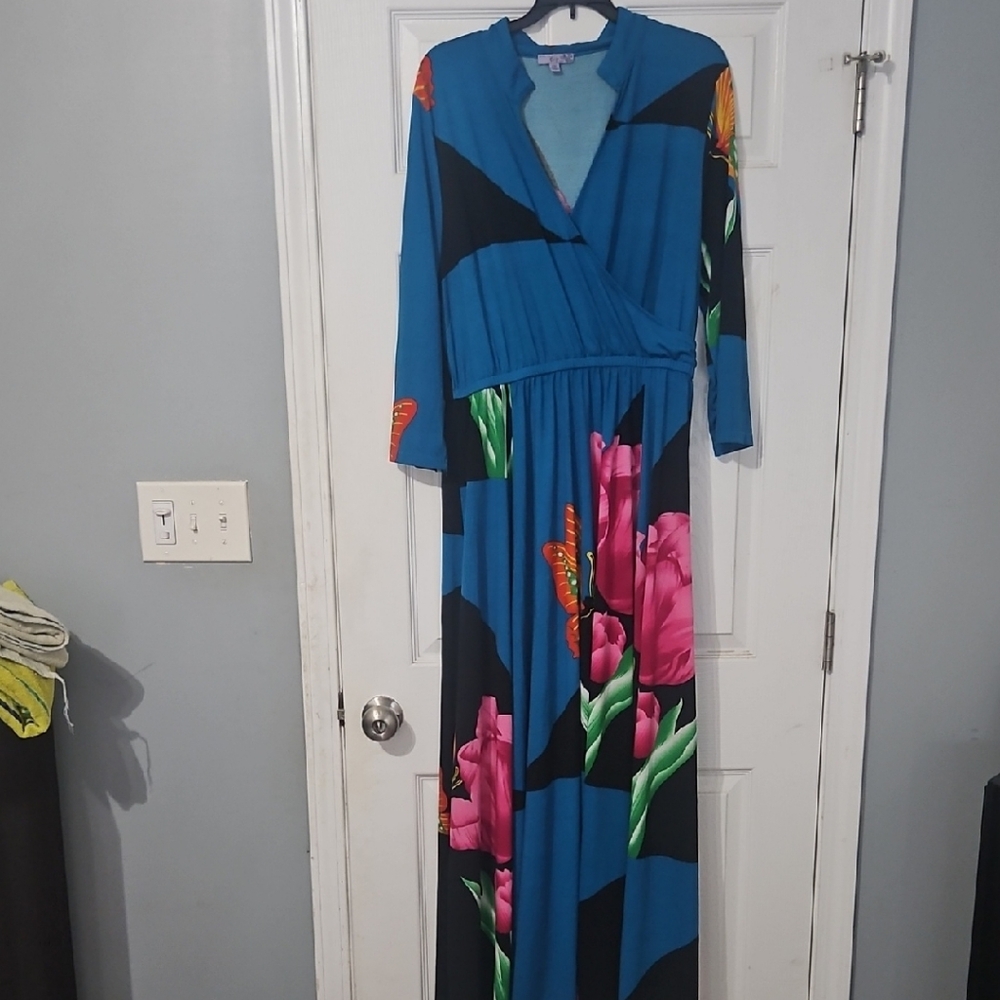 Elegant Blue Maxi Dress with Pink Floral Design